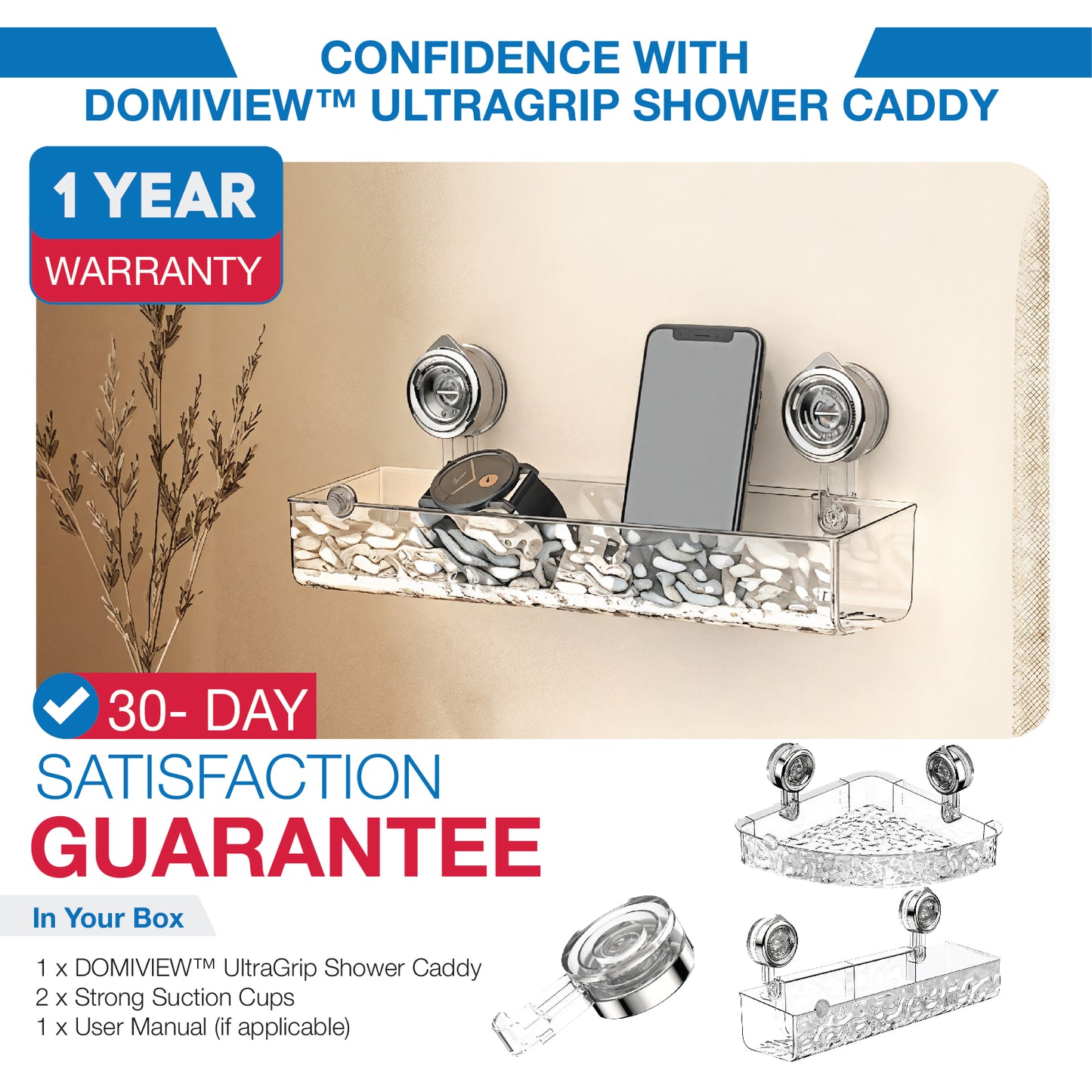 DOMIVIEW™ UltraGrip Shower Caddy – No-Drill, Rustproof & Reusable with Hooks