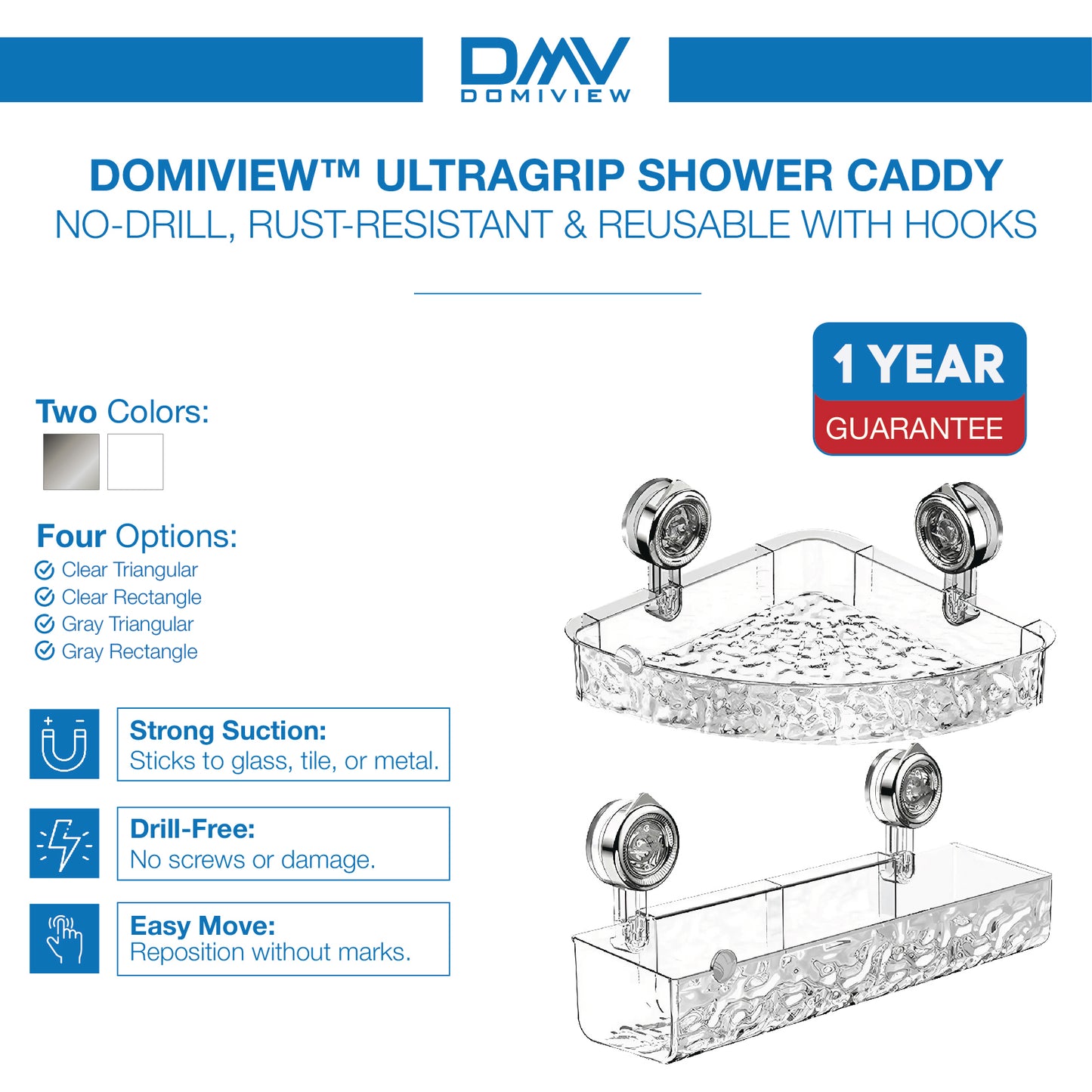 DOMIVIEW™ UltraGrip Shower Caddy – No-Drill, Rustproof & Reusable with Hooks