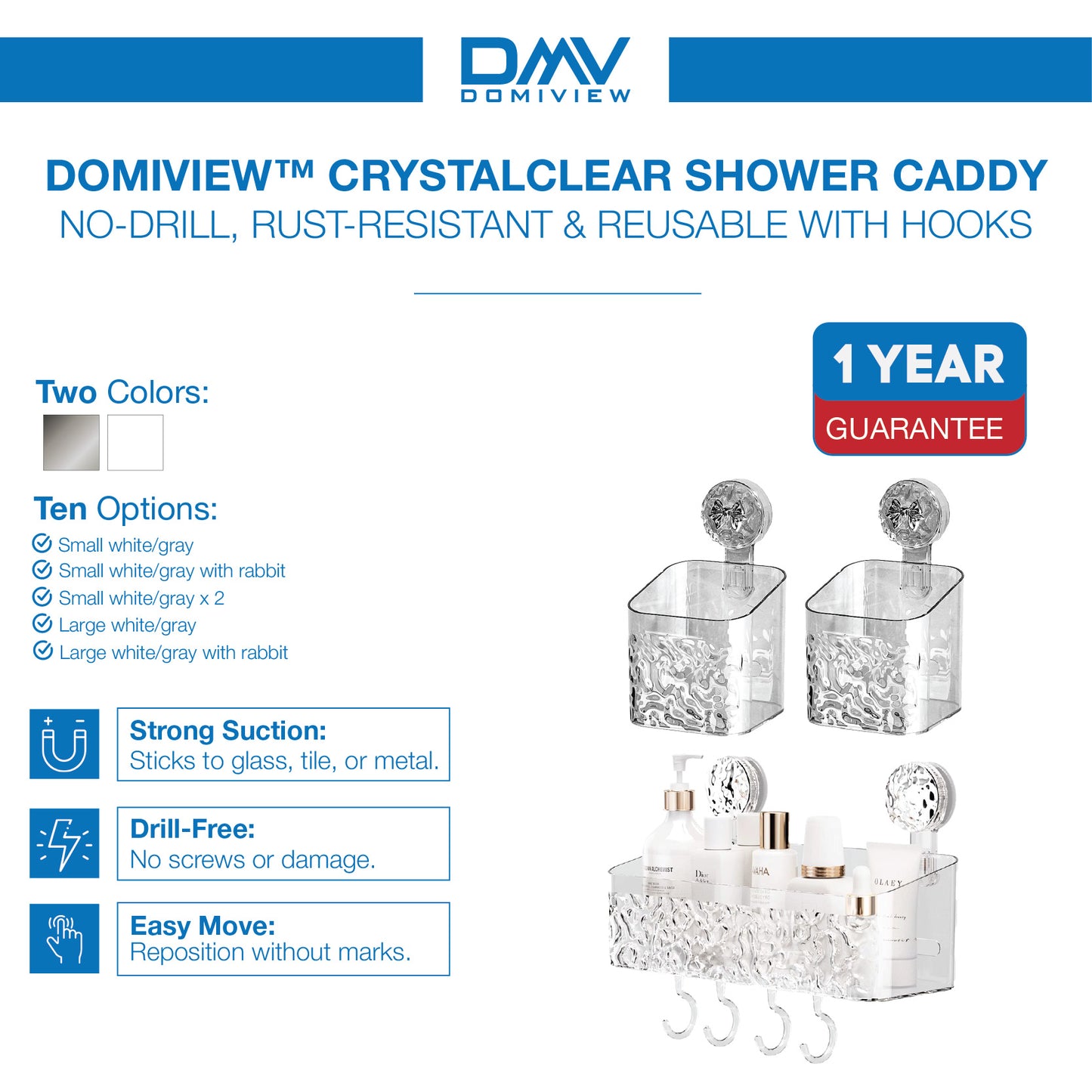 DOMIVIEW™ CrystalClear Shower Caddy - No-Drill, Rustproof & Reusable with Hooks