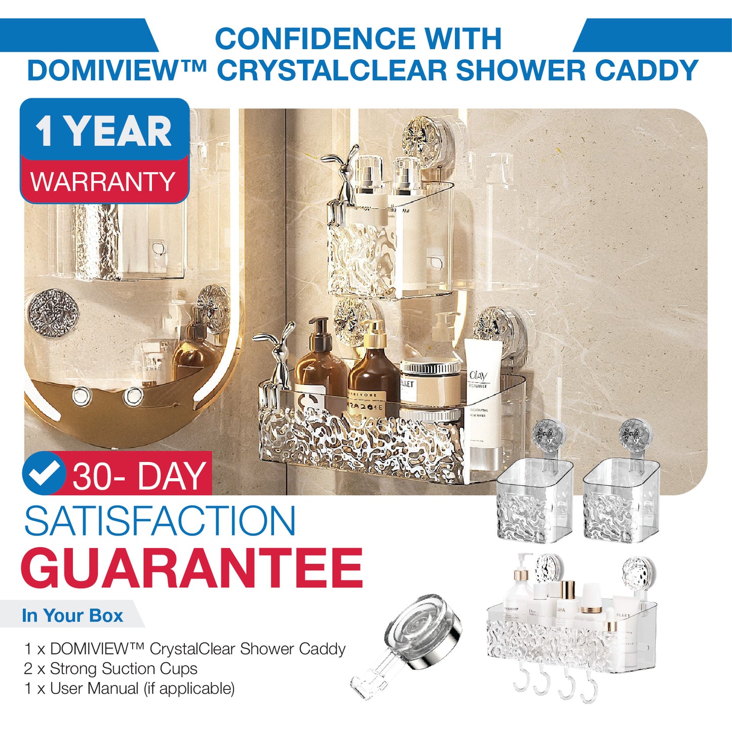 DOMIVIEW™ CrystalClear Shower Caddy - No-Drill, Rustproof & Reusable with Hooks